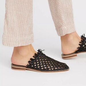 Free People Mirage Woven Leather Frayed Trim Slip On Mule Slides